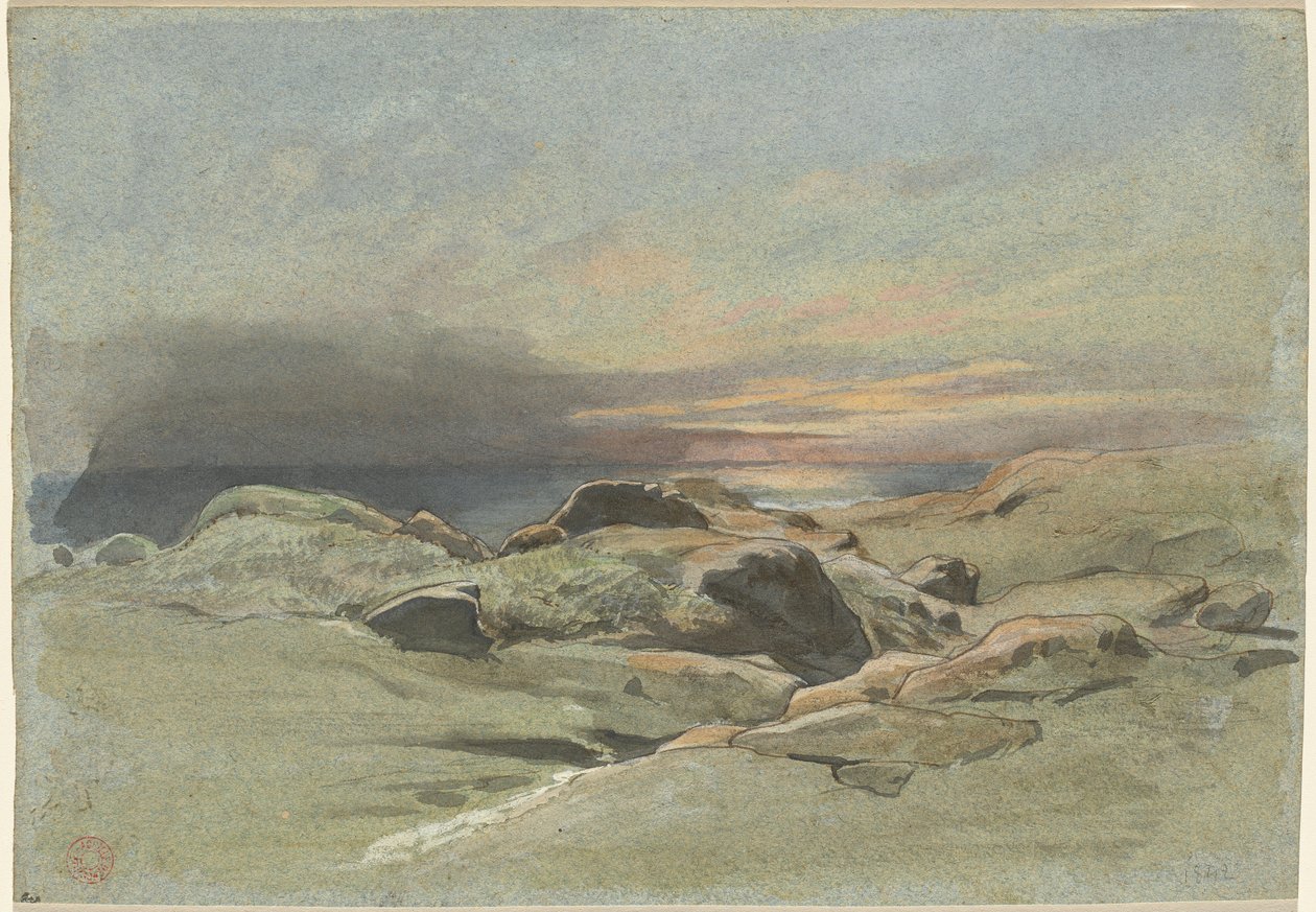Solnedgang fra en steinete kystlinje av Jean Achille Benouville