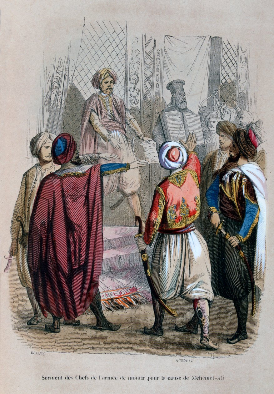 Hærens kommandanter ed å dø for Mehmet Alis sak, Egypt, 1805 1847 av Jean Adolphe Beauce