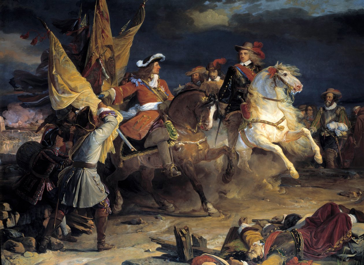 Slaget ved Villaviciosa vunnet av Marechal-hertugen av Vendome over greven av Stahremberg 10.12.1710. Slaget ved Villaviciosa fant sted under den spanske arvefølgekrigen og motarbeidet de spanske og franske hærene mot landene i Østerrike, av Jean Alaux