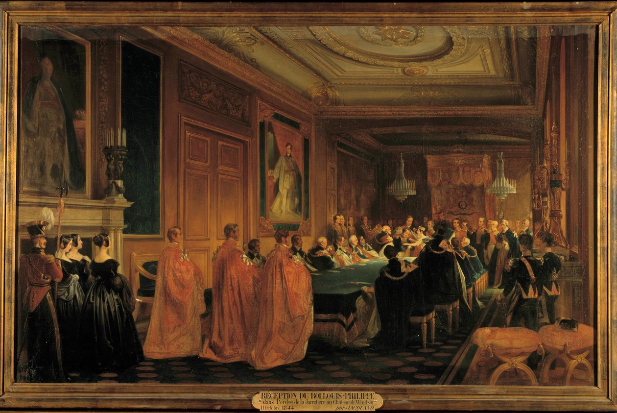 Dronning Victoria (1819-1901) mottok kong Louis-Philippe 1. (1773-1850) som ridder i rekkefølgen av Jarretiere, ved Windsor Castle av Jean Alaux