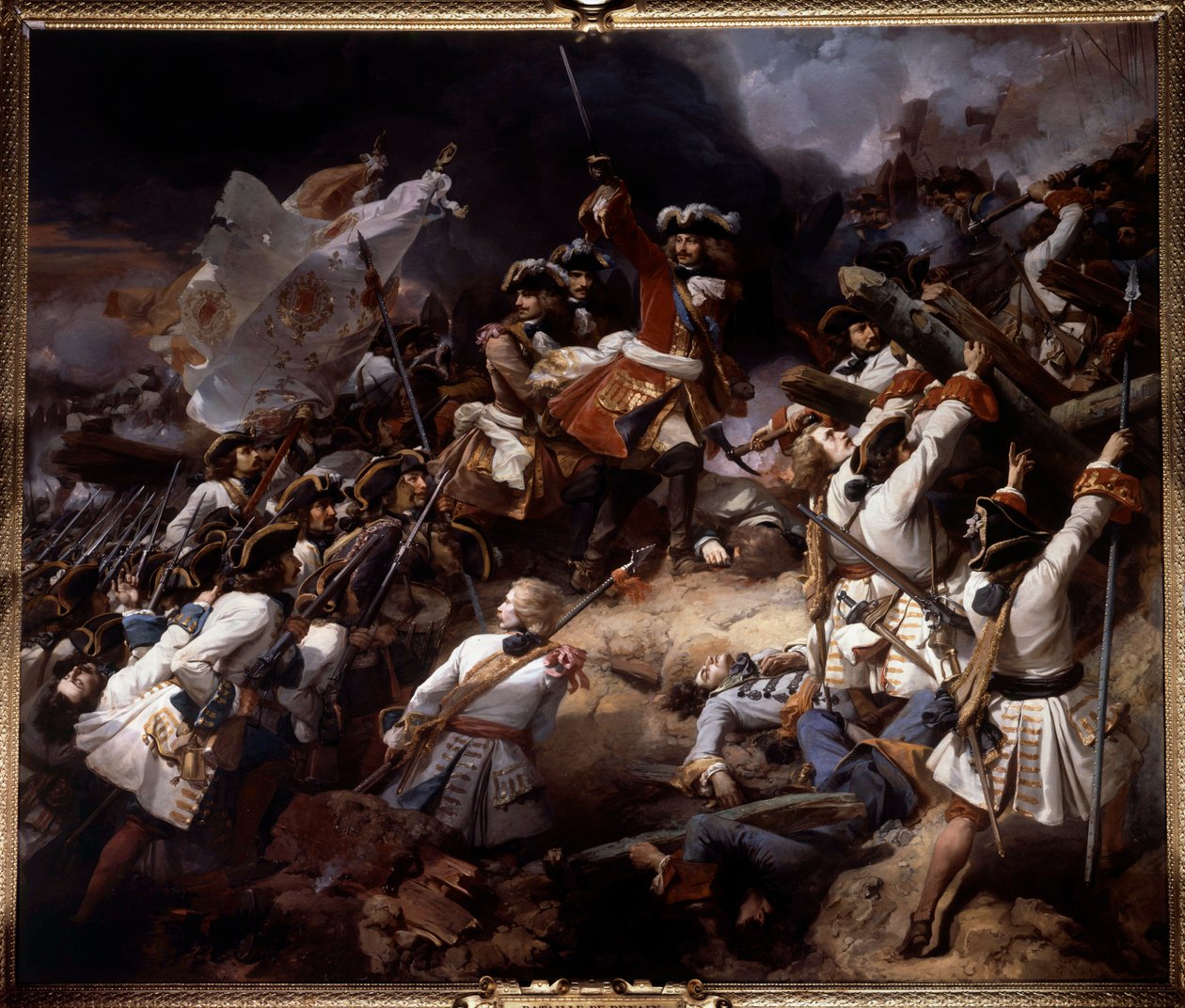 Slaget ved Denain 24. juli 1712 Det ble vunnet av Marechal de Villars over prins Eugene av Savoy. Maleri av Jean Alaux dit le Romain (1786-1864) 1839 søn. 4,65 x 5,43 m av Jean Alaux