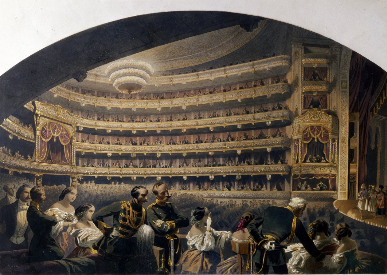 Publikum i en boks på Bolshoi Theatre (Moskva, Russland). (Publikum i en boks av Bolshoi Theatre). Verk av Jean Alexandre Duruy (1800-tallet), litografi, tidlig 1800-tall, fransk kunst, klassisisme. Statens museum for teater og musikkkunst, Saint Pe av Jean Alexandre Duruy