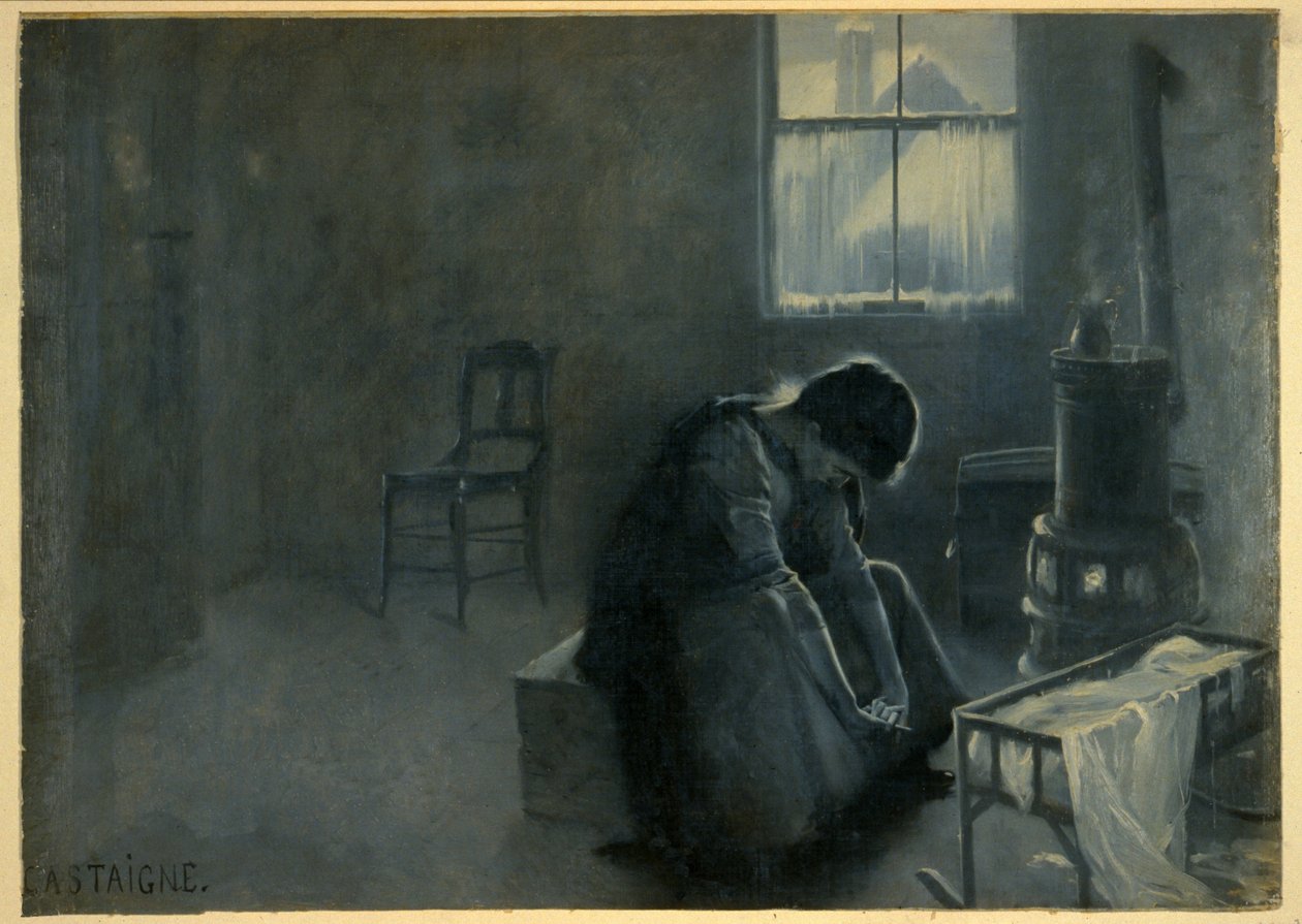 Det har vært en hard vinter, pub. 1893 (fargelitografi) av Jean Alexandre Michel Andre Castaigne