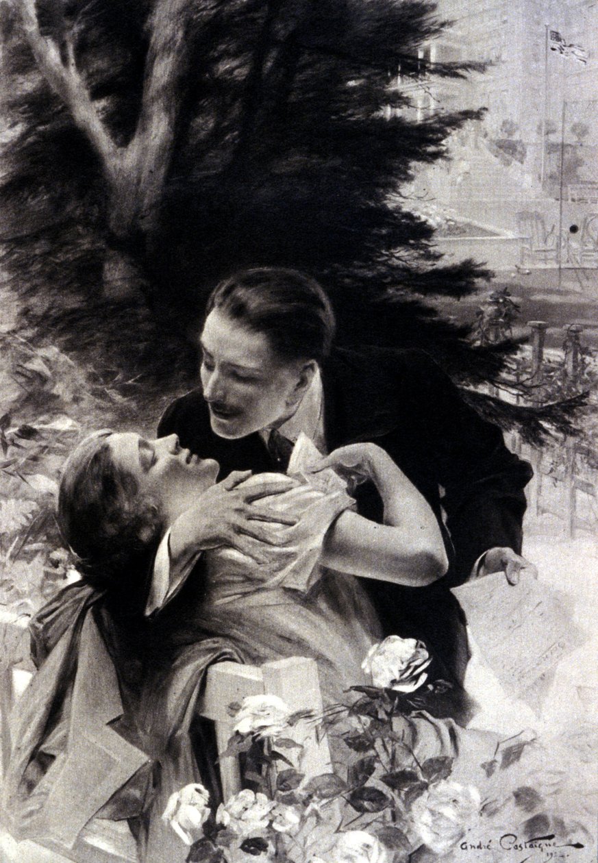 Scene for forførelse. Gravering av André Castaigne. 1922. av Jean Alexandre Michel Andre Castaigne