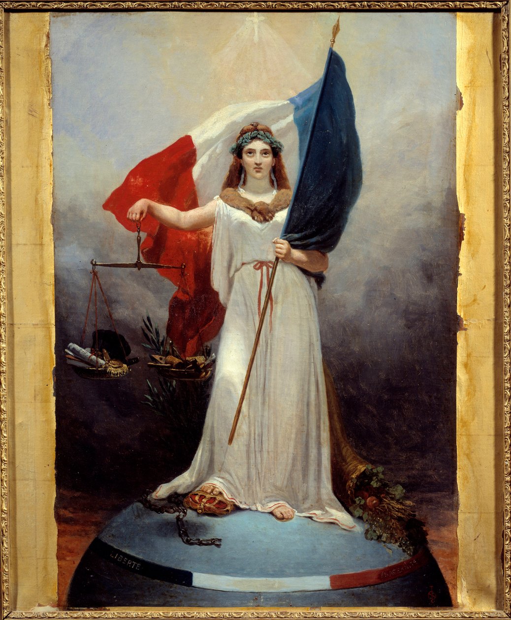 Symbolsk figur av republikken. Allegori som representerer republikken som en kvinne som bærer en laurbærkrans, symbol på fred, holder balanse, symbol på rettferdighet og tricolor flagget. Under foten hans kronen til det knuste monarkiet og de ødelagte lenk av Jean Alphonse Roehn