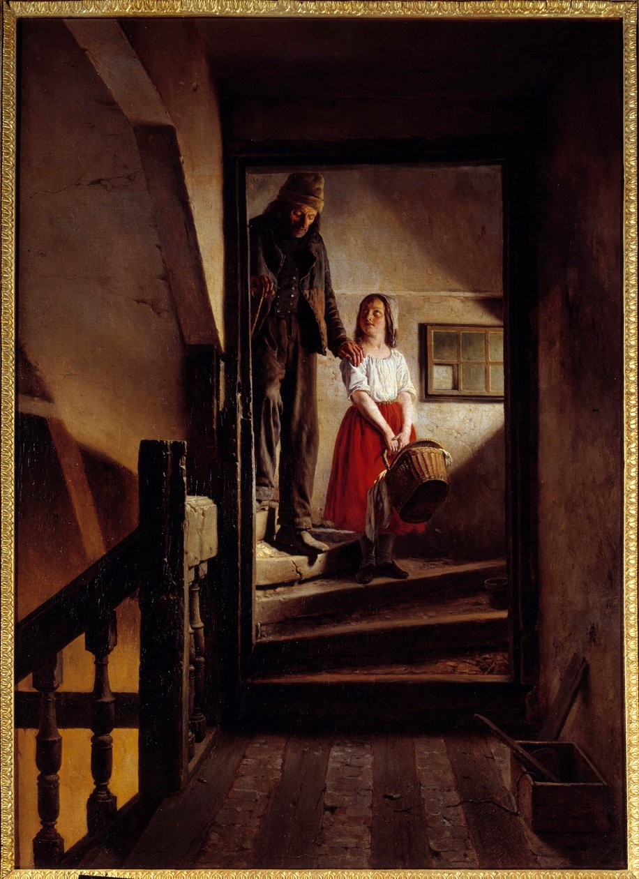 Alderspinnen En liten jente som hjelper en gammel mann ned en trapp. Maleri av Jean Alphonse Roehn (1799-1864) 1852 Rouen, Musee des Beaux Arts av Jean Alphonse Roehn