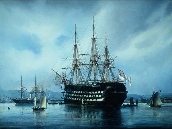 Et engelsk krigsskip for anker utenfor en havn av Jean Altamura