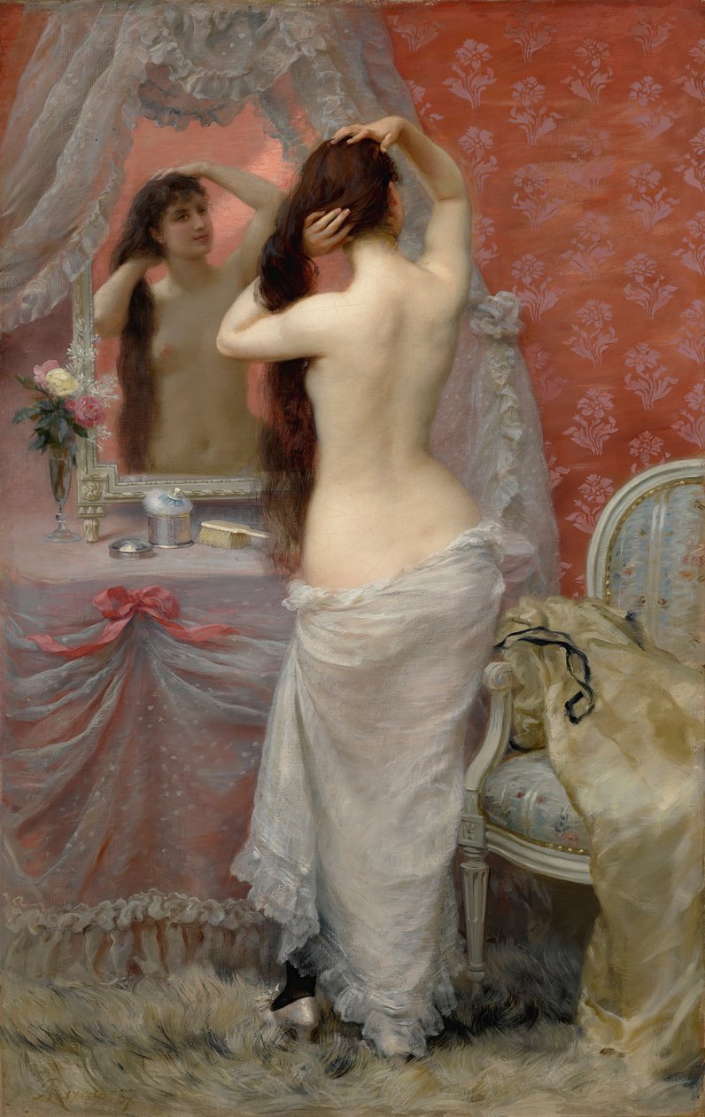 Naken ung kvinne som kjemmer håret i et interiør, 1887. av Jean Andre Rixens