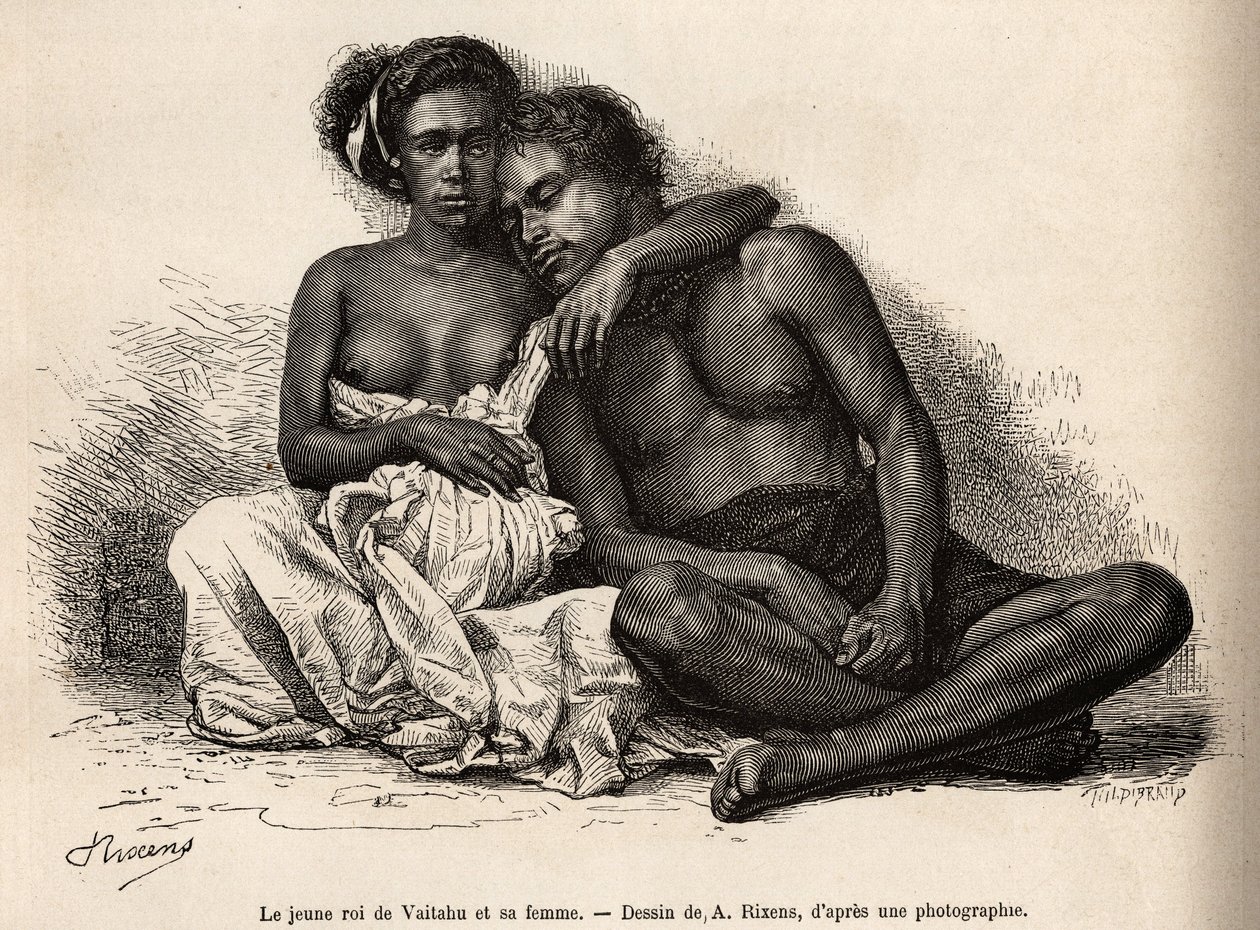 Den unge kongen av Vaitatu, på øya Tauata, i øygruppen Marquises-øyene, omgir seg til armene til sin kone, gravert etter en tegning av A.Rixens som illustrerer minnene fra Stillehavet, i 1872-1874, av A.Pailhes, et skips av Jean Andre Rixens