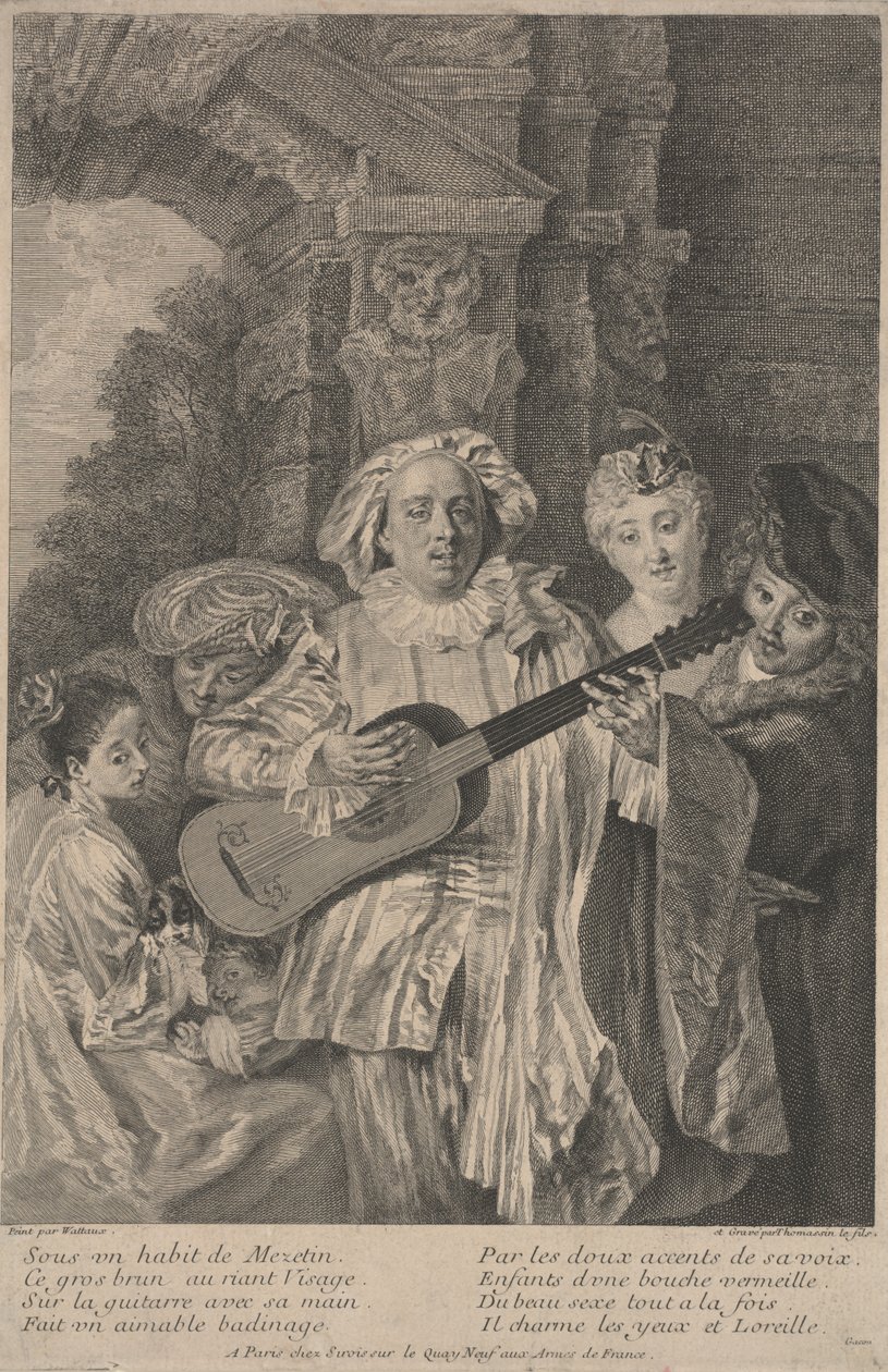 In the Costume of Mezetin, trykk laget av Henri Simon Thomassin ca. 1717-1726 (radering) av Jean Antoine (after) Watteau
