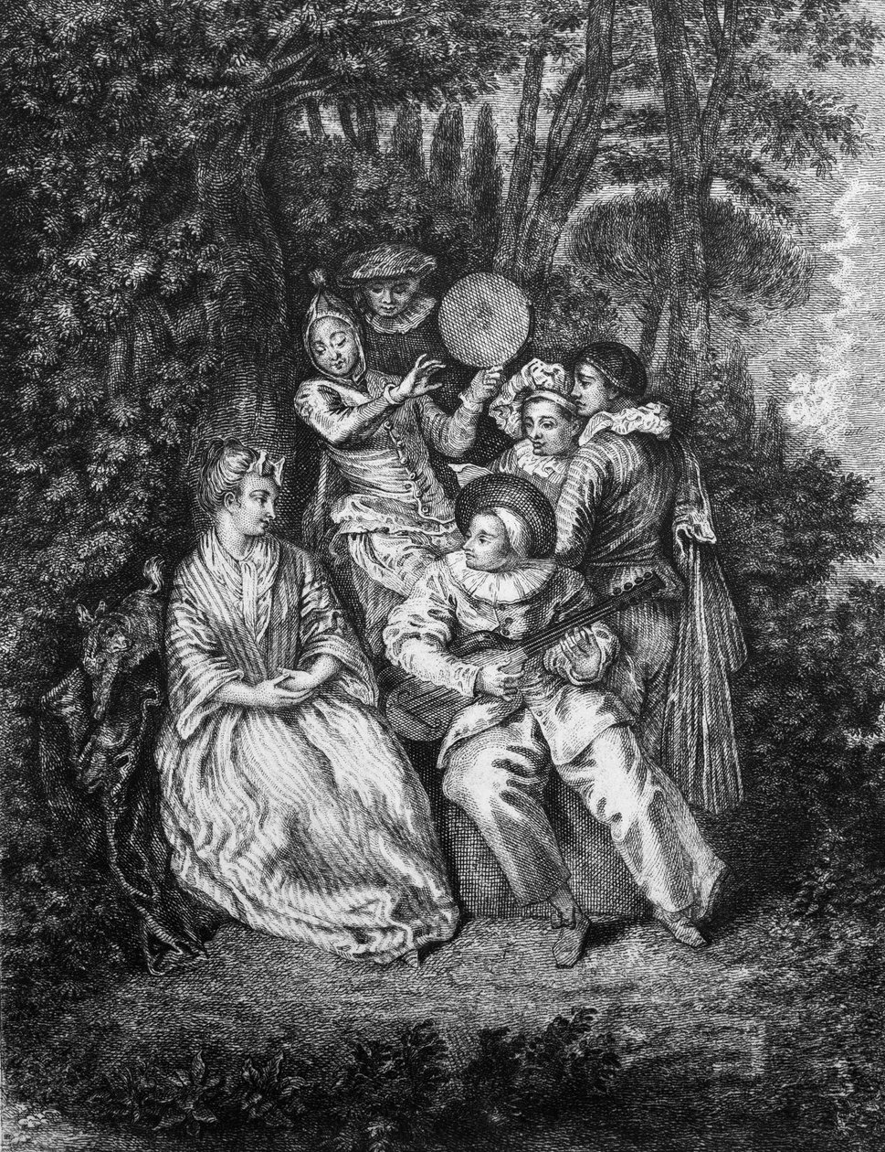 The Italian Serenade engraved by Gerard Jean Baptiste Scotin (1671-1716), after Watteau- av Jean Antoine (after) Watteau