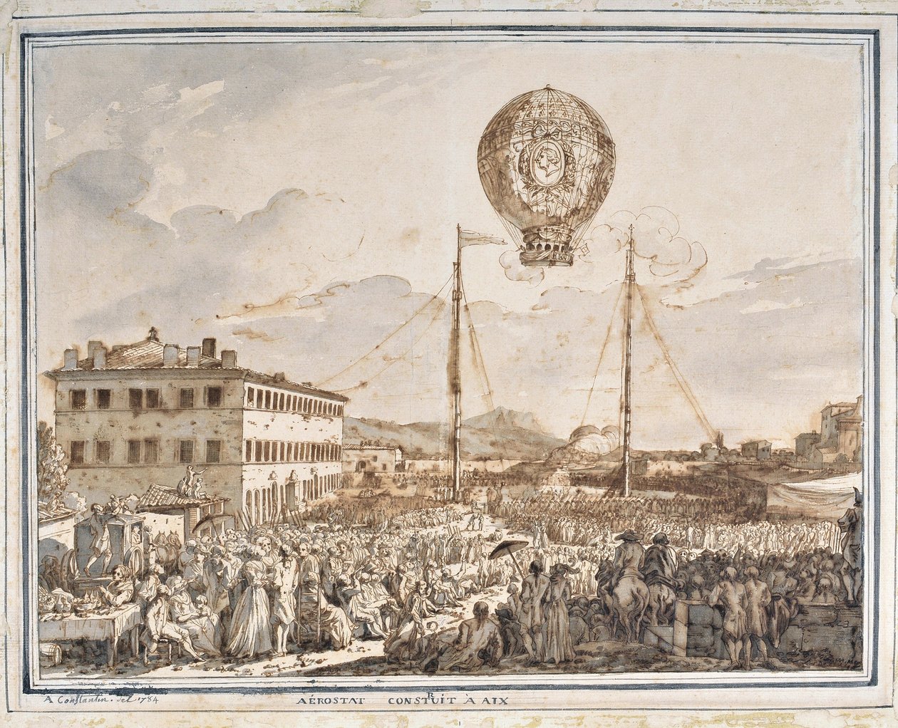 Aerostat bygget i Aix. En ballong bygget i Aix en provence. Tegning av Jean Antoine Constantin dit Constantine d