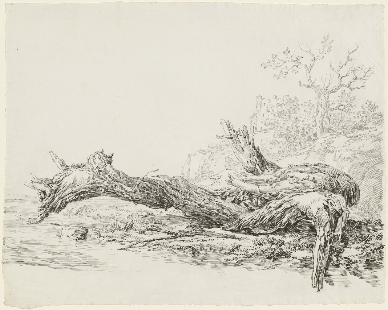 Et eldgammelt tre falt ved siden av en bekk av Jean Antoine Constantin