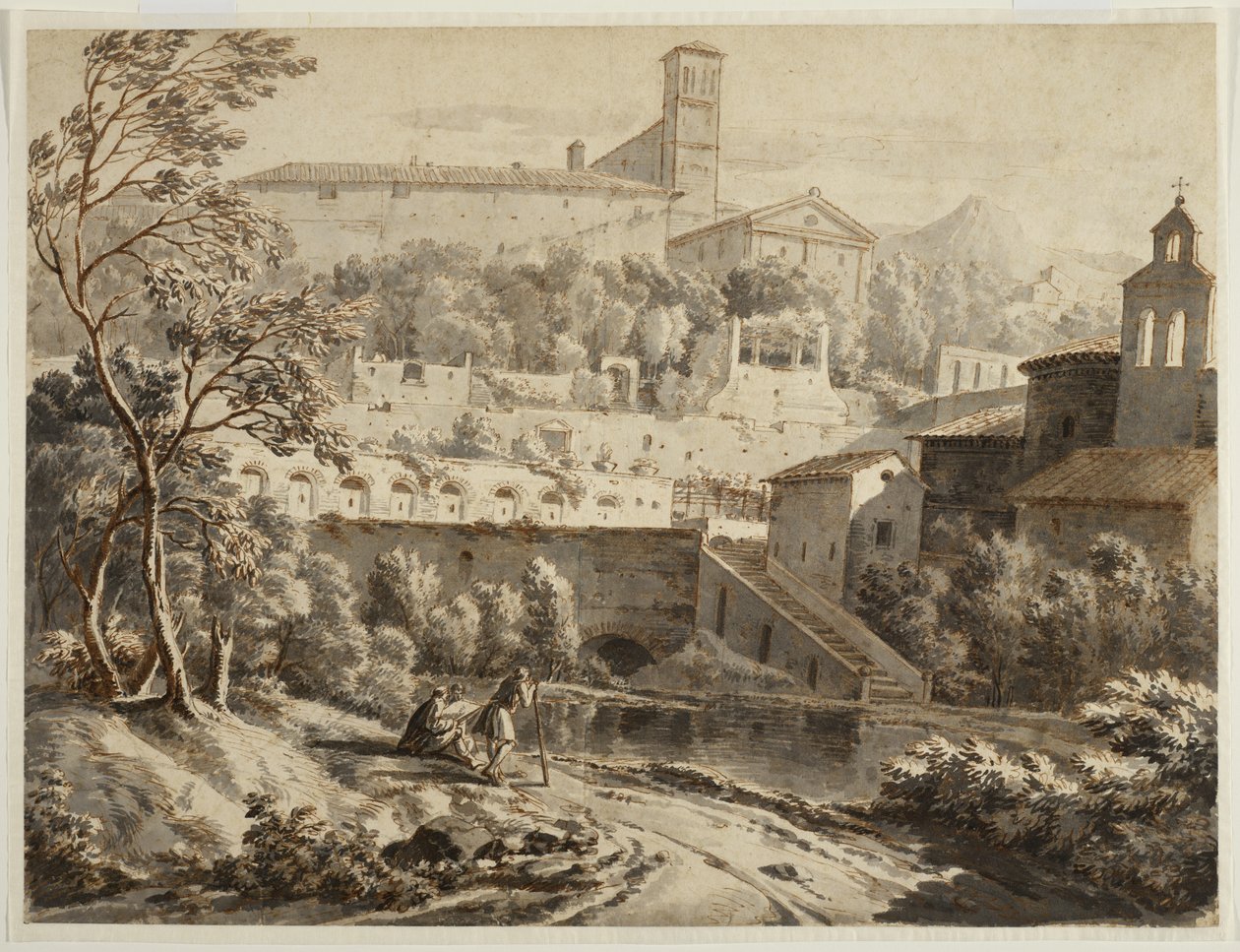 En kunstner som skisserer langs en elvebredd, nedenfor en italiensk by, ca. 1780 (blekk og vask på lagt papir, spor av svart kritt) av Jean Antoine Constantin