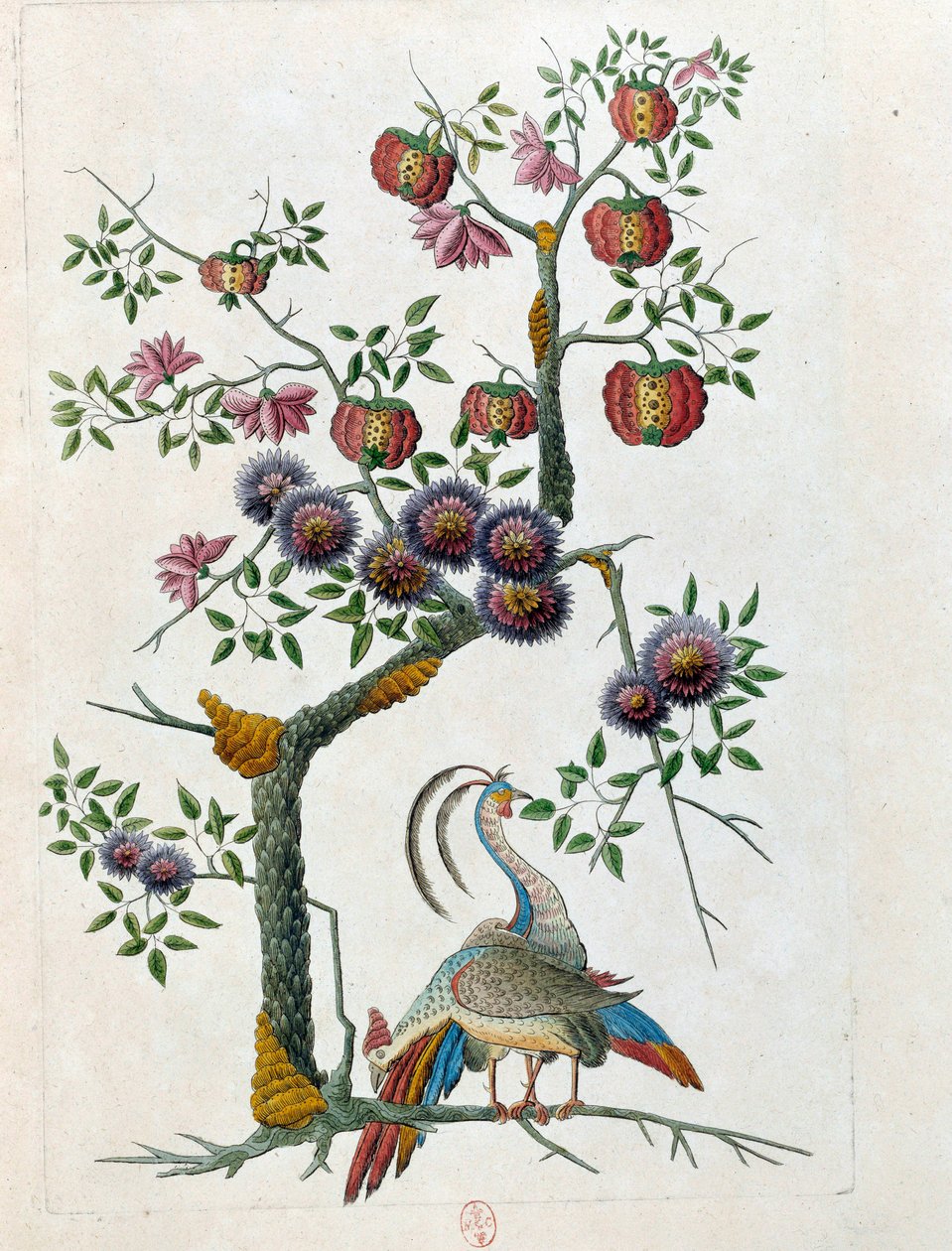 Tegning fra en kinesisk vase: fugl og gren av blomster. Maleri av Jean Antoine Fraisse (1700-tallet) av Jean Antoine Fraisse