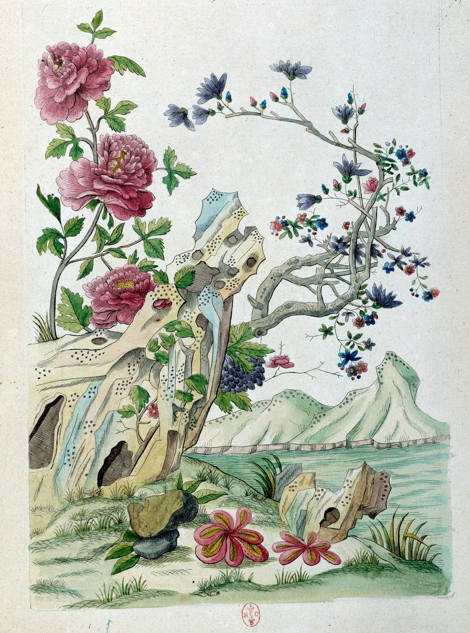 Tegning fra en kinesisk vase: blomster i et landskap. Maleri av Jean Antoine Fraisse (1700-tallet) av Jean Antoine Fraisse