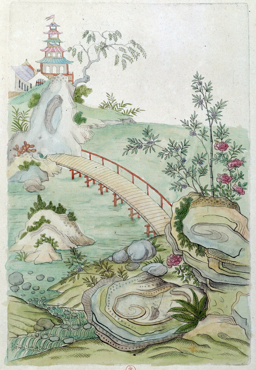 Tegning fra en kinesisk vase: landskap med bro. Maleri av Jean Antoine Fraisse (1700-tallet) av Jean Antoine Fraisse