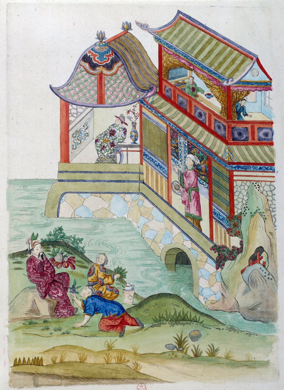 Hus ved elven. Tegningen kommer fra en kinesisk vase. Maleri av Jean Antoine Fraisse (1700-tallet) av Jean Antoine Fraisse