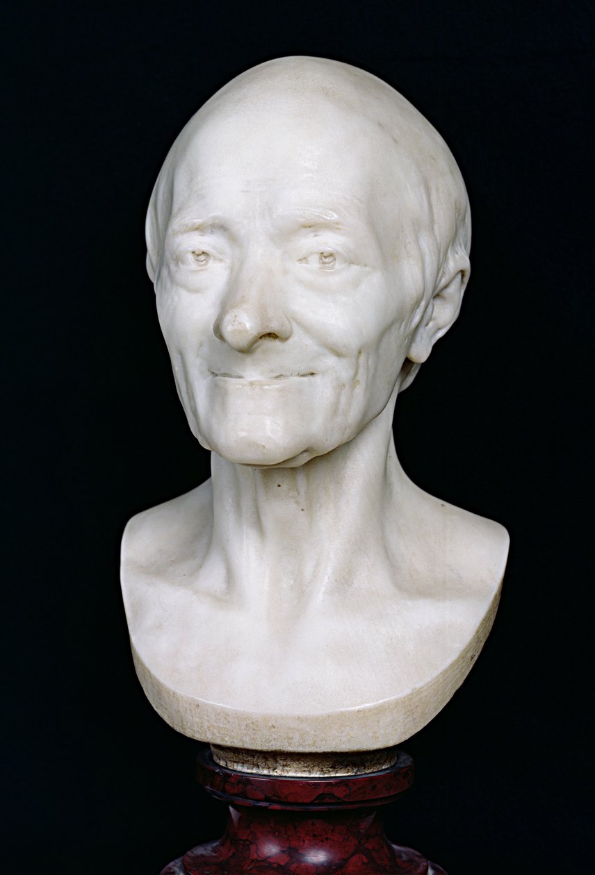 Byste av Voltaire (1694-1778) uten parykken hans, 1778 (marmor) av Jean Antoine Houdon