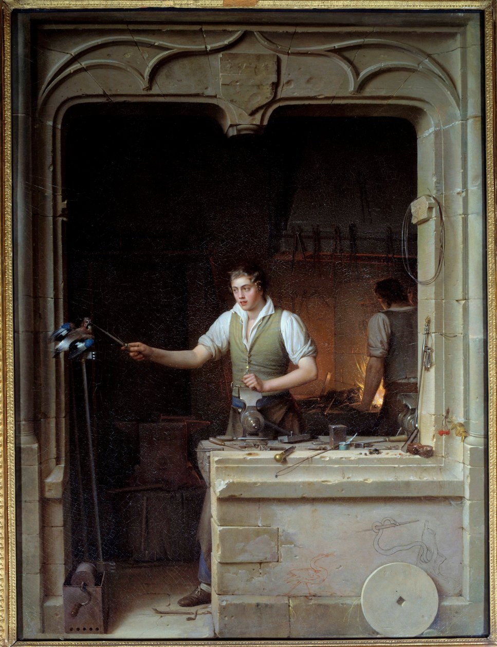 En låsesmed prøver å bite filen sin til en jay Illustrasjon for Jean de La Fontaines fabler. Maleri av Jean Antoine Laurent (1763-1832) 1829 Søn. 0,86x0,65 m - En låsesmed som ønsker å få en jay til å bite metallfilen sin. Illustrasjon for Jean de La Fonta av Jean Antoine Laurent
