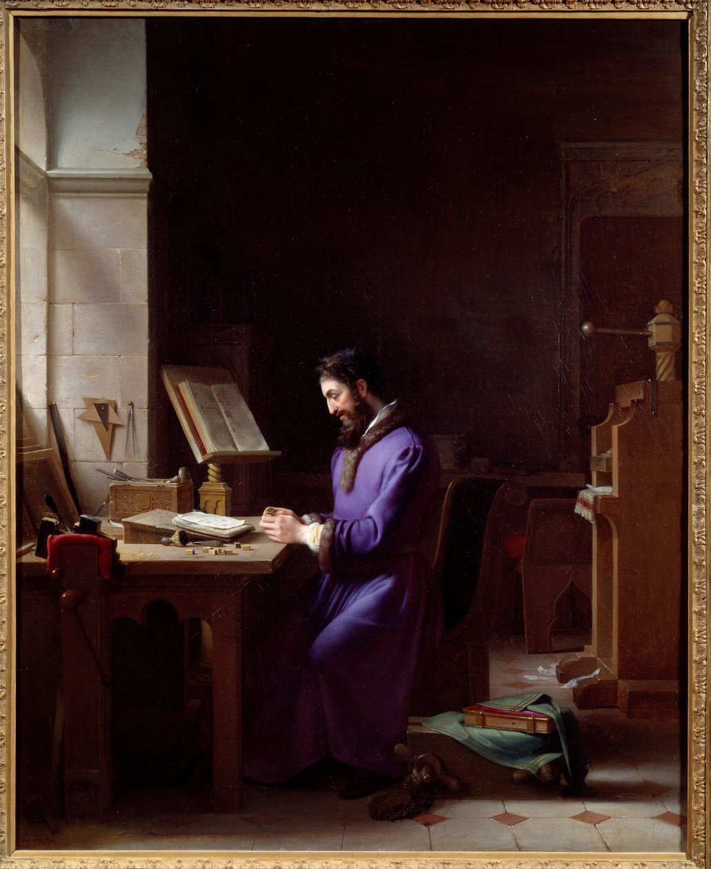 Johannes Gensfleisch Gutenberg (1400-1468) oppfinner trykkpressen Den tyske boktrykkeren er en representant som håndterer karakterer på kontoret sitt. Maleri av Jean Antoine Laurent (1763-1832) 1830 Grenoble, Musee des Beaux Arts av Jean Antoine Laurent
