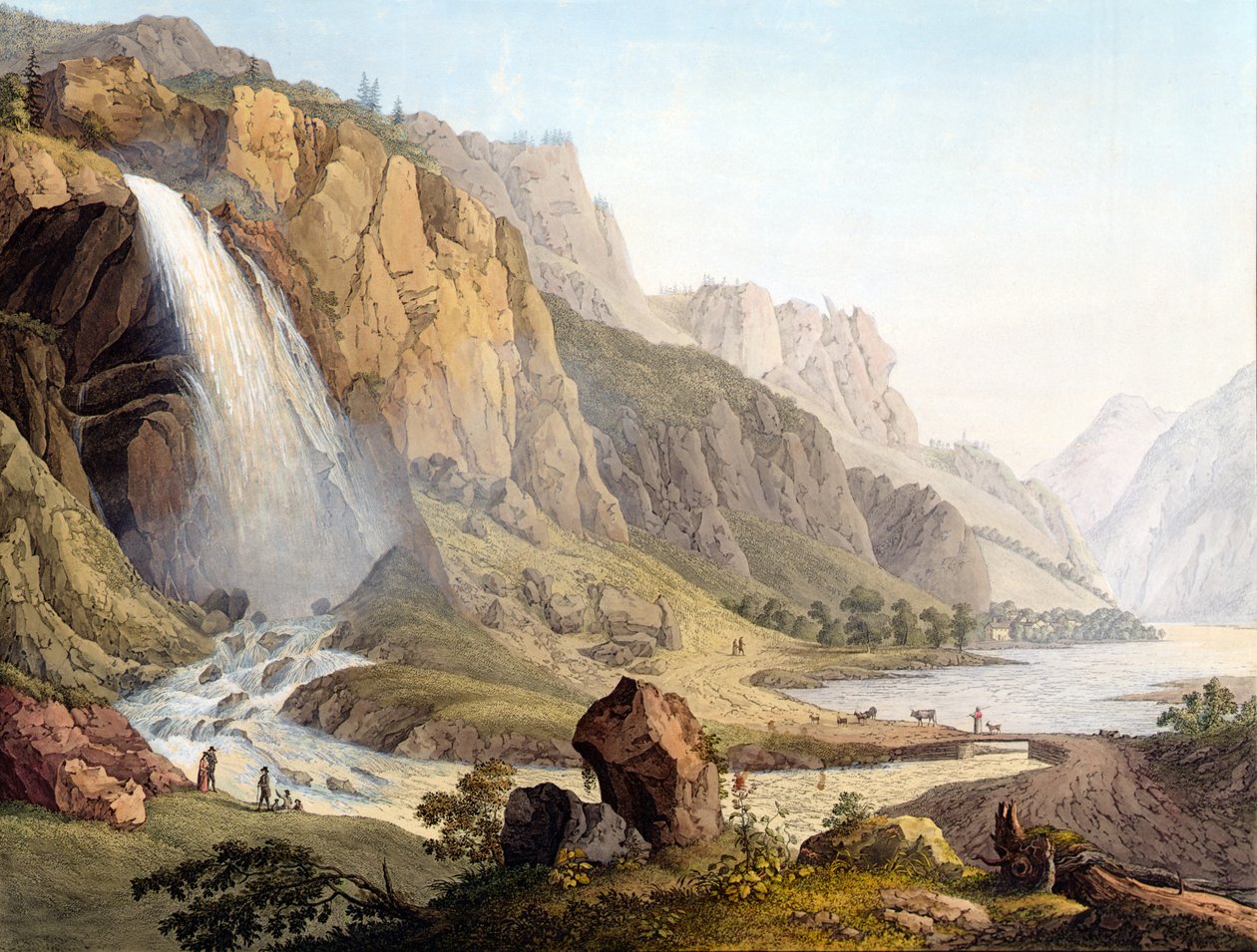 Utsikt over Cascade de Pissevache, ca. 1789 av Jean Antoine Linck