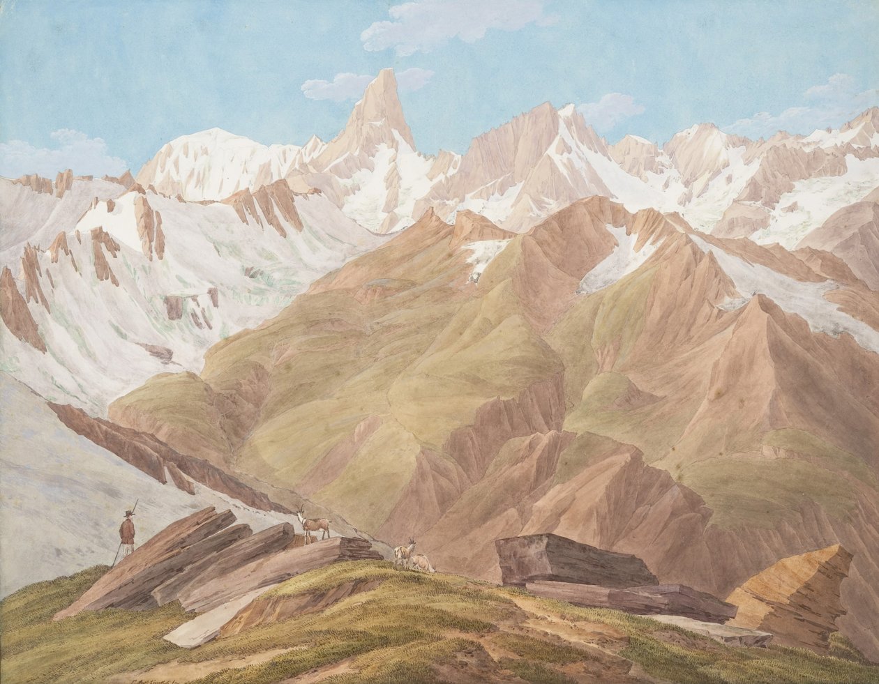 Utsikt over Mont Blanc-massivet nær Petit Jorasse, Grand Jorasse, le ..., slutten av 1700-1900-tallet av Jean Antoine Linck
