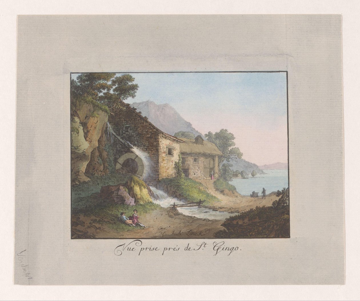 Vannmølle på kanten av Genfersjøen Vue pris prés de St Gingo (tittel på objekt) av Jean Antoine Linck