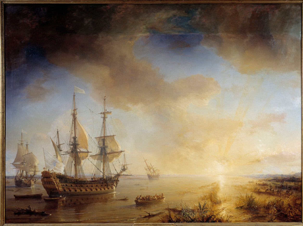 Ekspedisjon av Robert Cavelier de La Salle til Louisiana (1684). Maleri av Theodore Gudin (1802-1880) av Jean Antoine Theodore Gudin