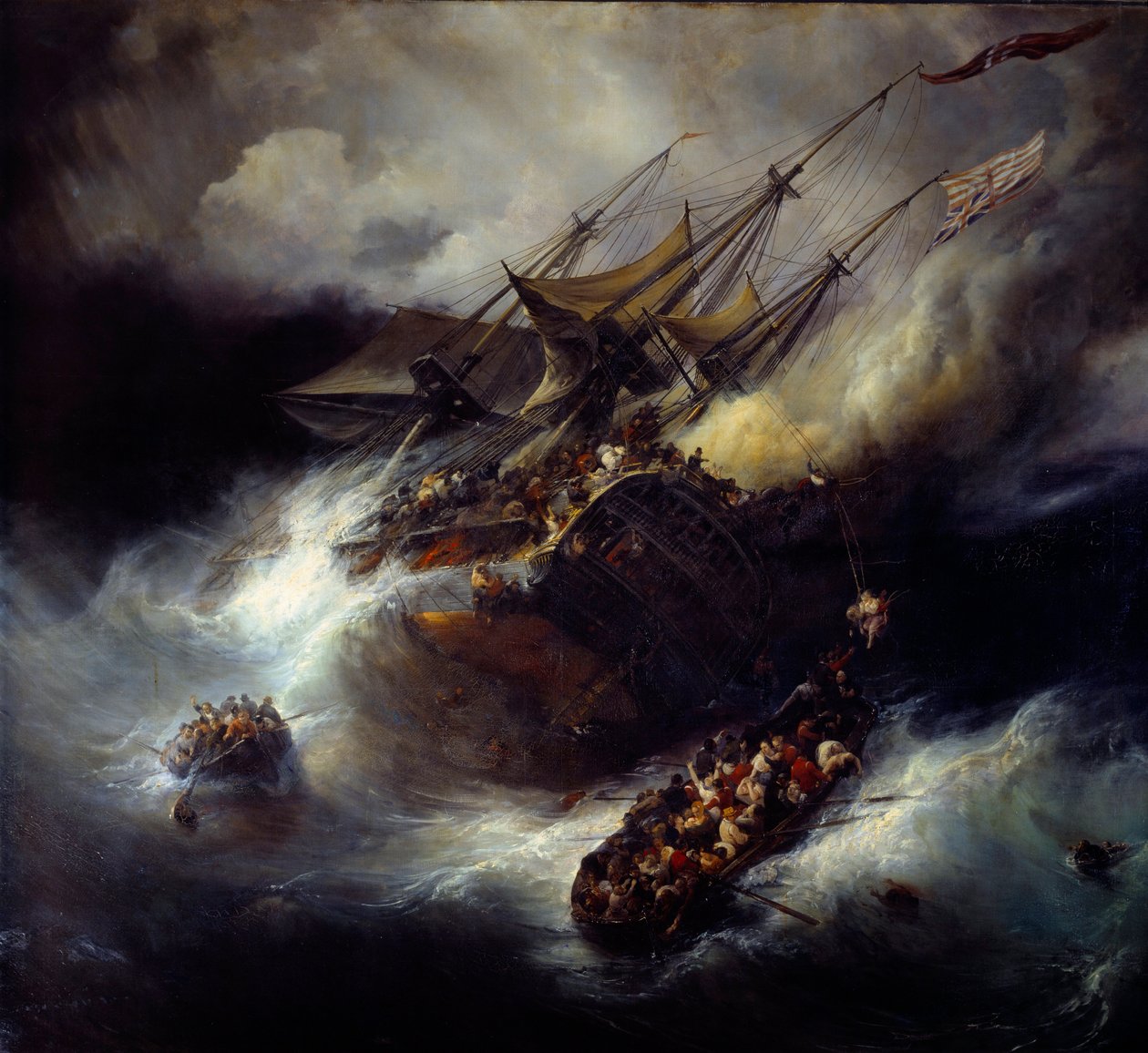 Fire of the Kent Senking of a boat (1800). Maleri av Theodore Gudin (1802-1880) av Jean Antoine Theodore Gudin