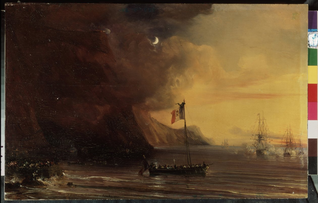 ""Repatrieringen av liket av Napoleon I til Frankrike fra øya Sainte-Helene (Sainte Helene) i desember 1840 ombord på La Belle Poule"" (Transport med Napoleons kropp på vei fra Saint Helena-øya tilbake til Frankrike i 1840) Maleri av Theod av Jean Antoine Theodore Gudin