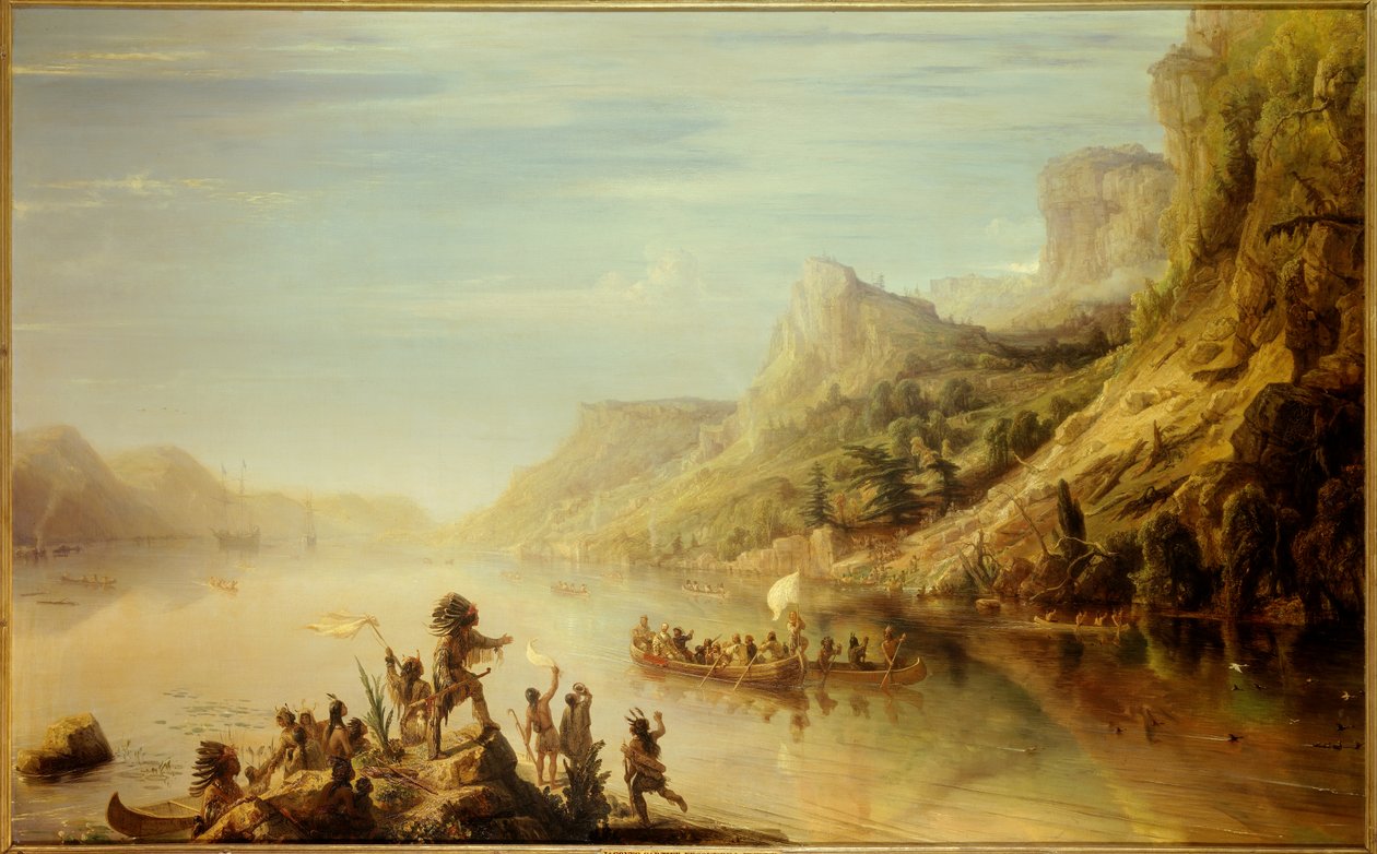 den franske oppdageren Jacques Cartier (1491- 1557) oppdaget og klatret St. Lawrence-elven i Canada i 1535. Maleri av Jean Antoine Theodore Gudin (1802-1880) av Jean Antoine Theodore Gudin
