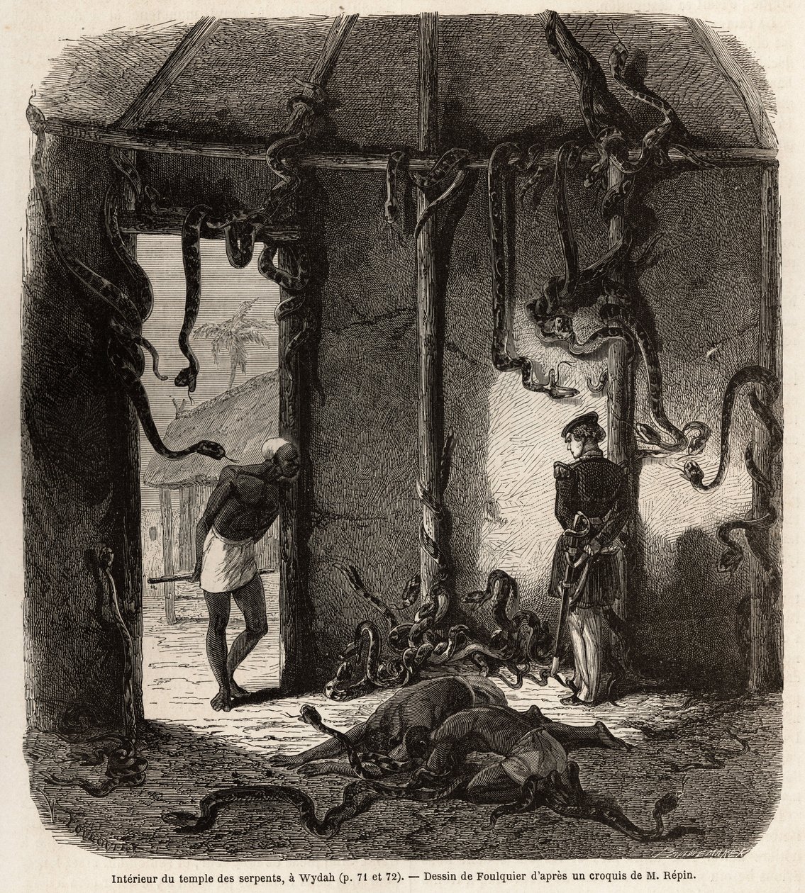 Inne i tempelet til fetisjer slanger, i Wydah, i Dahomey (dagens Benin), tegning av Jean Antoine Foulquier (1822-1896), for å illustrere Dr. Repins reise til Dahomey i 1860. Gravering i "" Le tour du monde" ”, redigert av Edouard Charton av Jean Antoine Valentin Foulquier