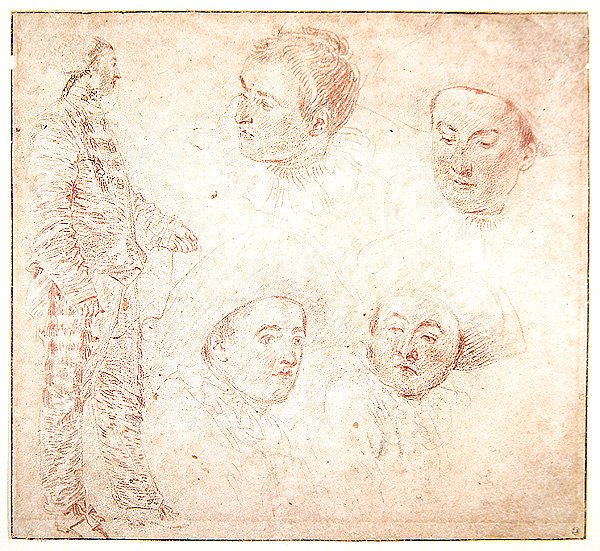 En karakter og fire hoder (rødt kritt på papir) av Jean Antoine Watteau