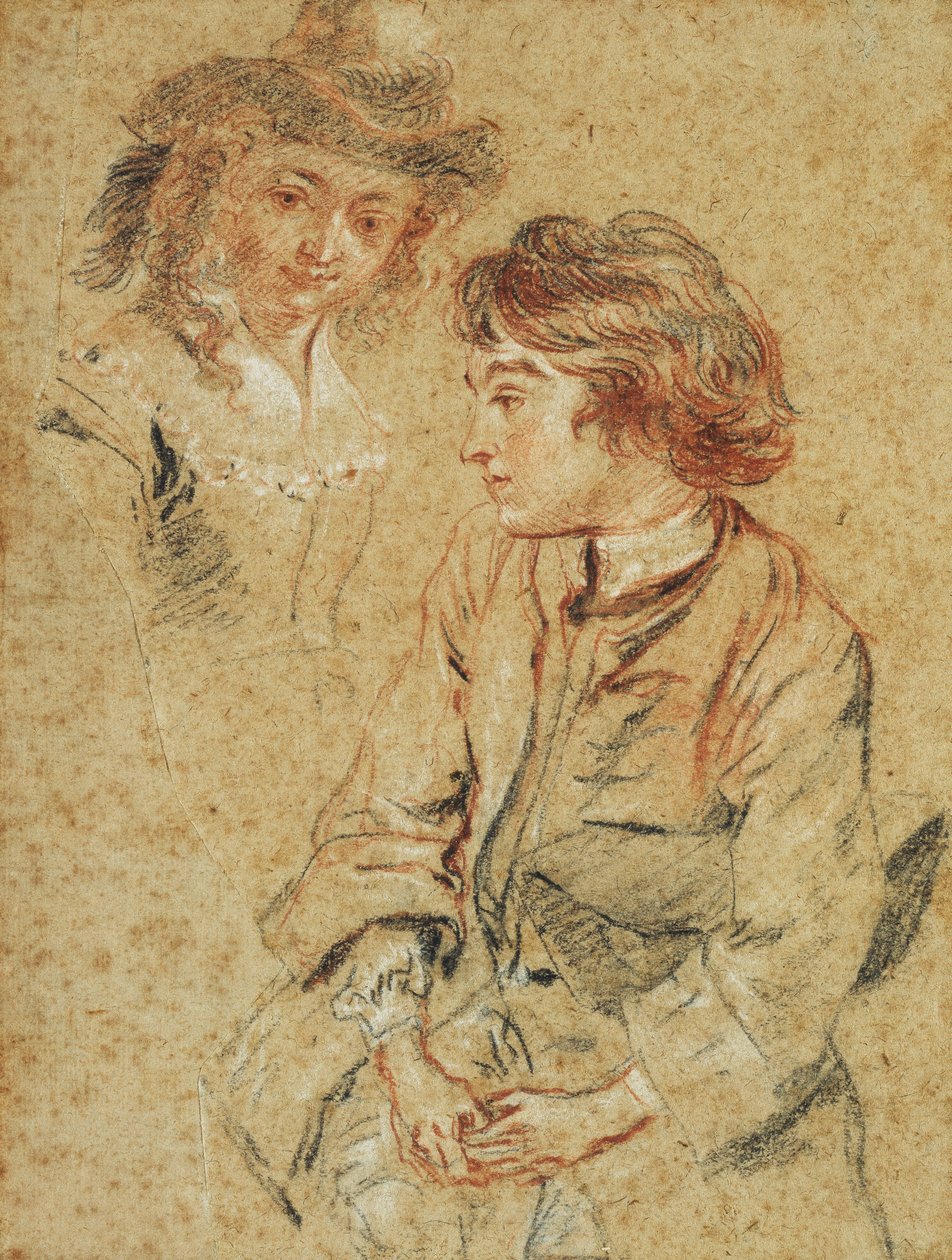 En sittende ung mann, trekvart lang, holder hatten sin, ca. 1717 av Jean Antoine Watteau