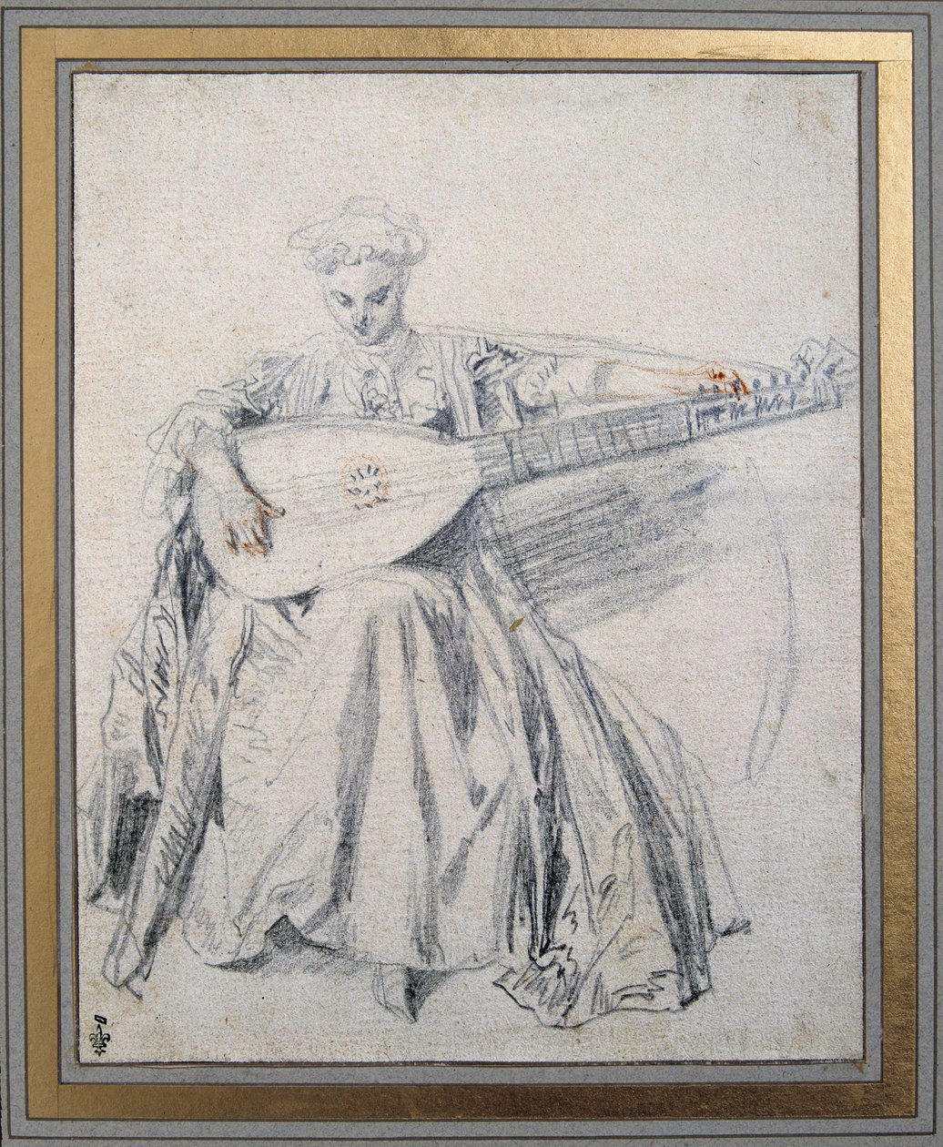 En luttspiller tegner en blygruve og blod av Jean Antoine Watteau (1684-1721) Chantilly-museet Conde fra 1700-tallet av Jean Antoine Watteau