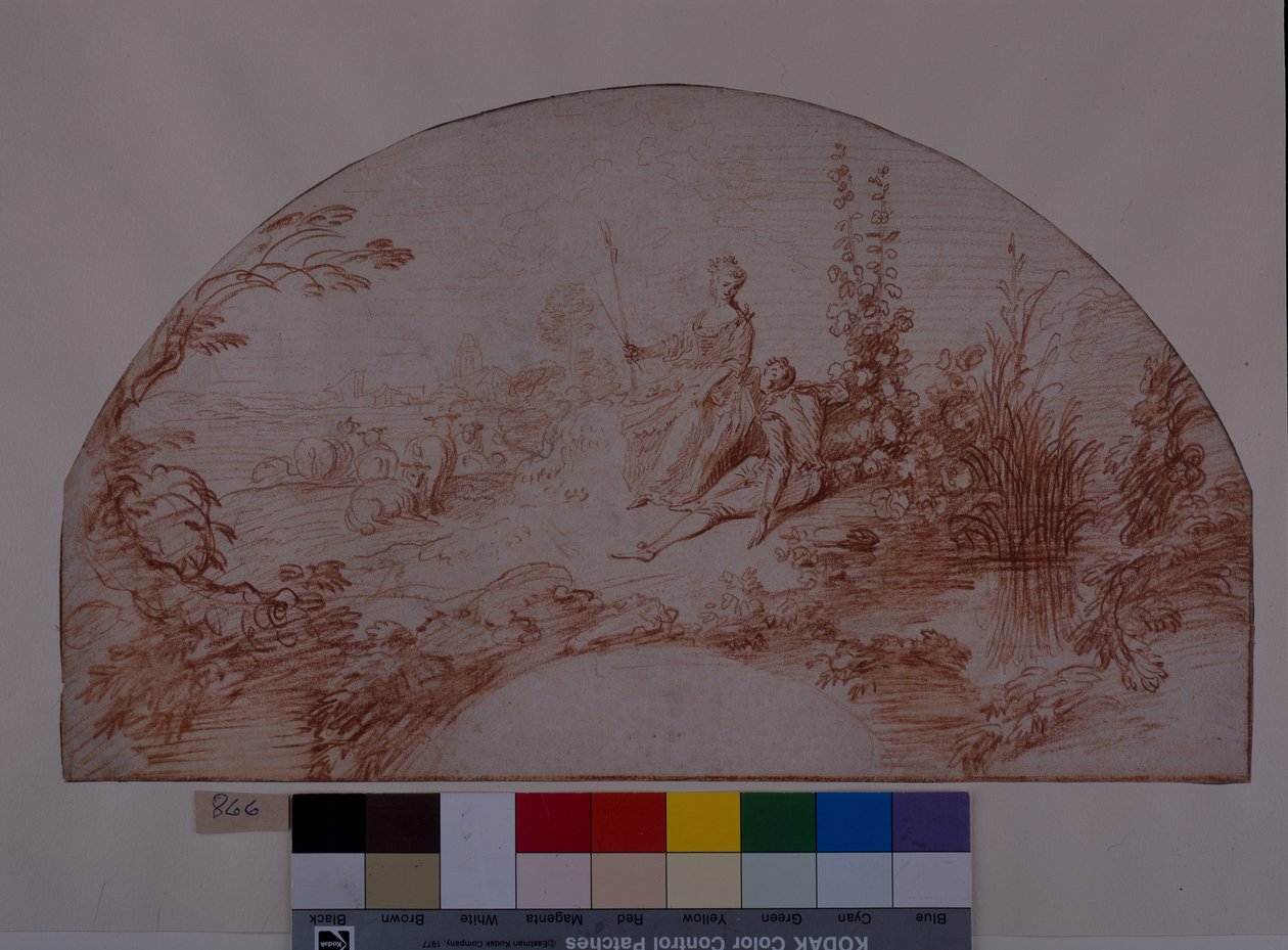 En gjeterinne som sitter med svanen sin (rødt kritt på hvitt papir) av Jean Antoine Watteau