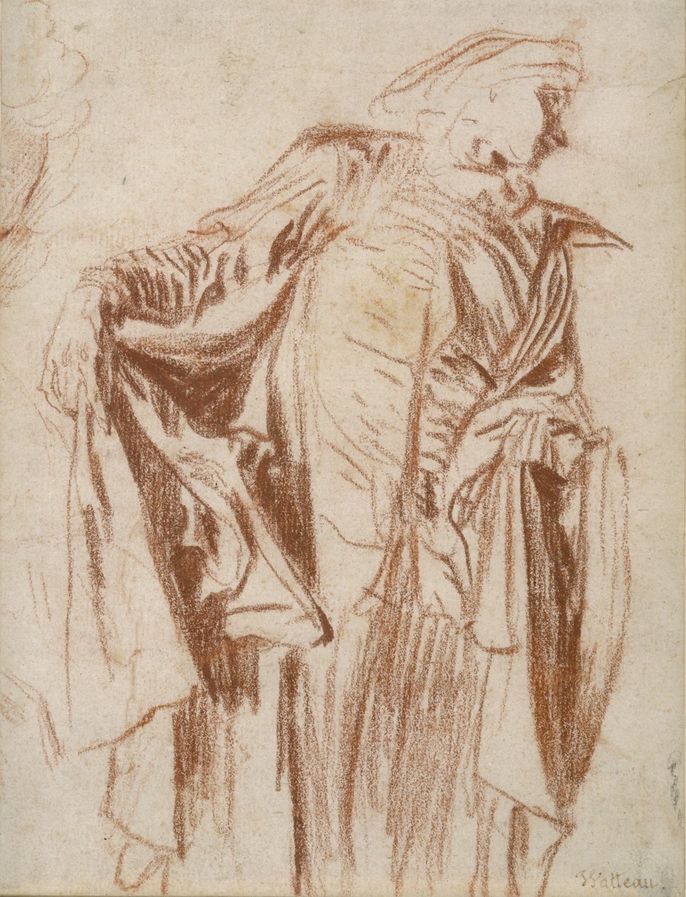 Skuespiller som står med hodet vendt mot høyre, ca. 1719-1720 av Jean Antoine Watteau