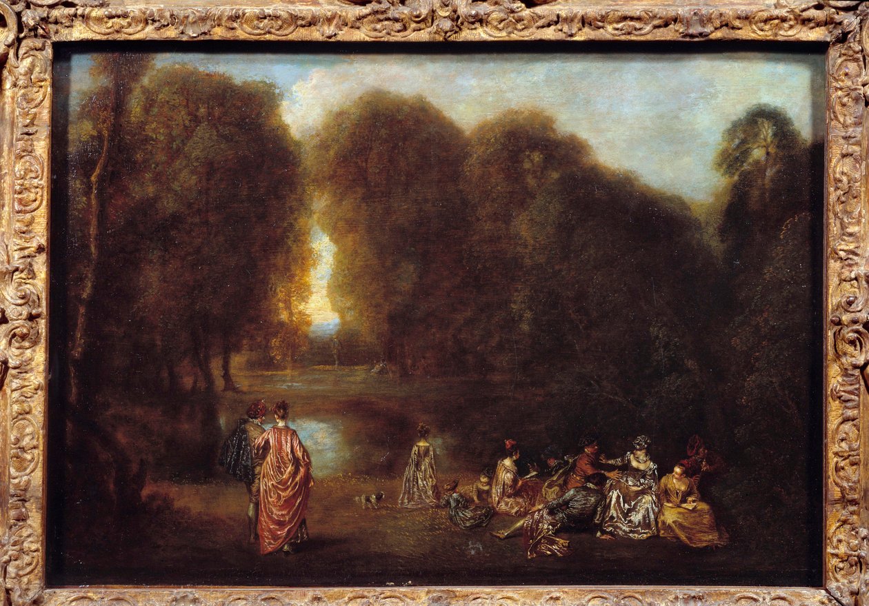 Samlet i en park Maleri av Jean Antoine Watteau (1684-1721) av Jean Antoine Watteau