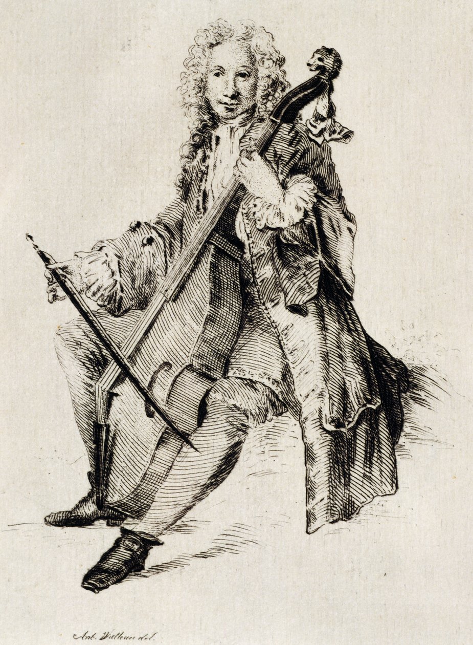Cellospiller, av Jean Antoine Watteau (1684-1721), gravering, Frankrike av Jean Antoine Watteau