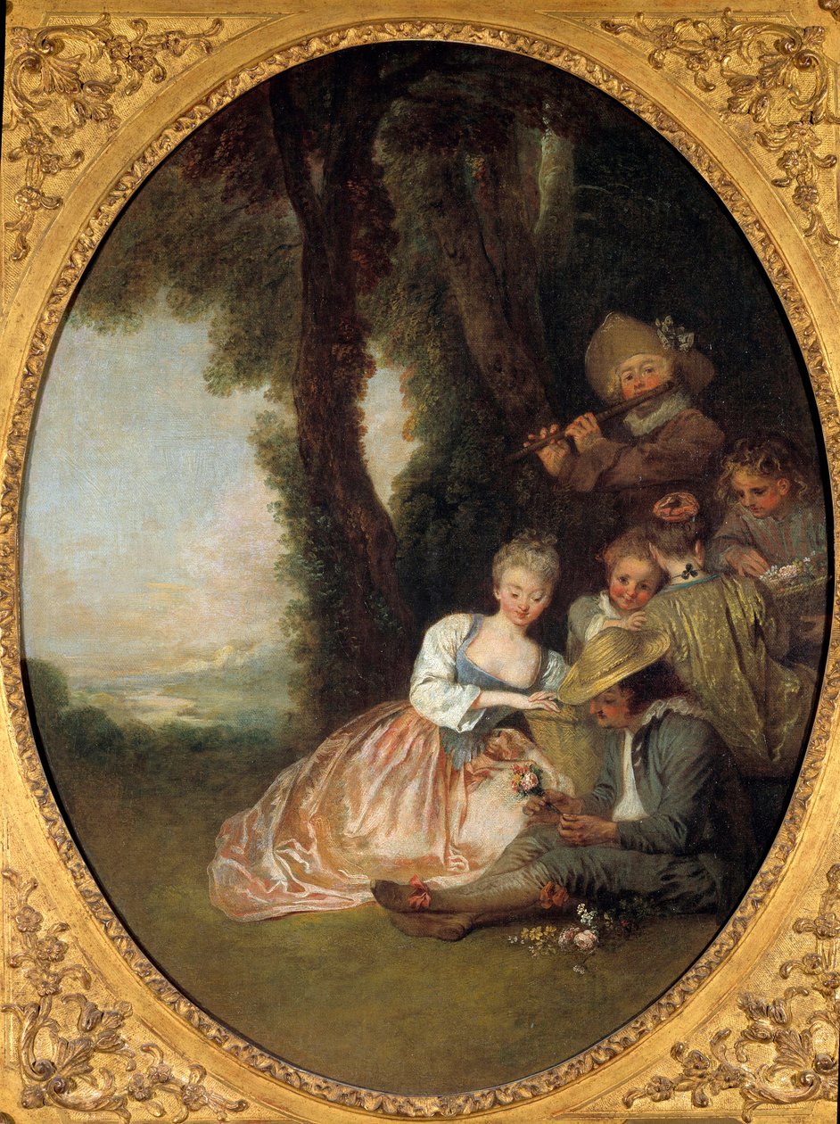 Champetre-konsert eller "" Den forventede erklæringen"". Ungt forelsket par rødmer. Maleri i rokokkostil av Jean Antoine Watteau (1684-1721) av Jean Antoine Watteau