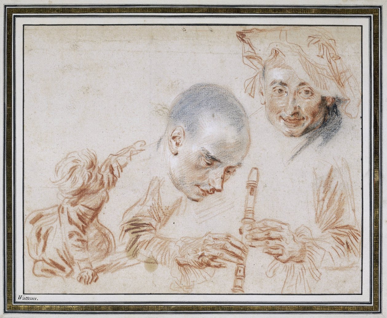 Hukende barn, to mannlige hoder, ett med beret, armer og hender på en blokkfløyte av Jean Antoine Watteau