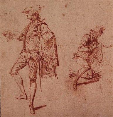 Tegning av en ung mann som står og en annen som kneler (fargestift) av Jean Antoine Watteau