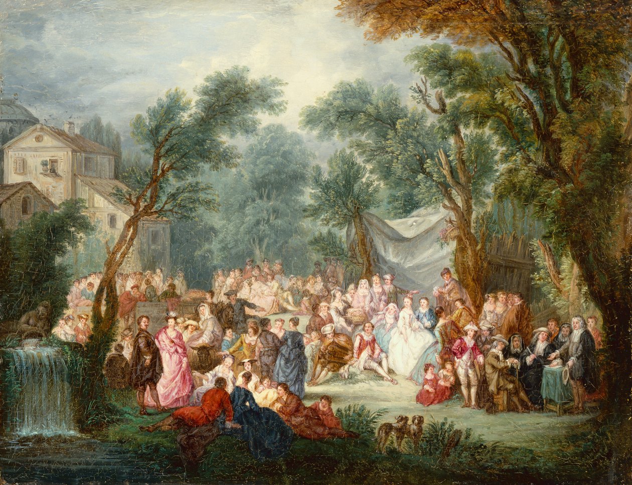 Elegant selskap, ute med ankomsten av brudeparet (olje) av Jean Antoine Watteau
