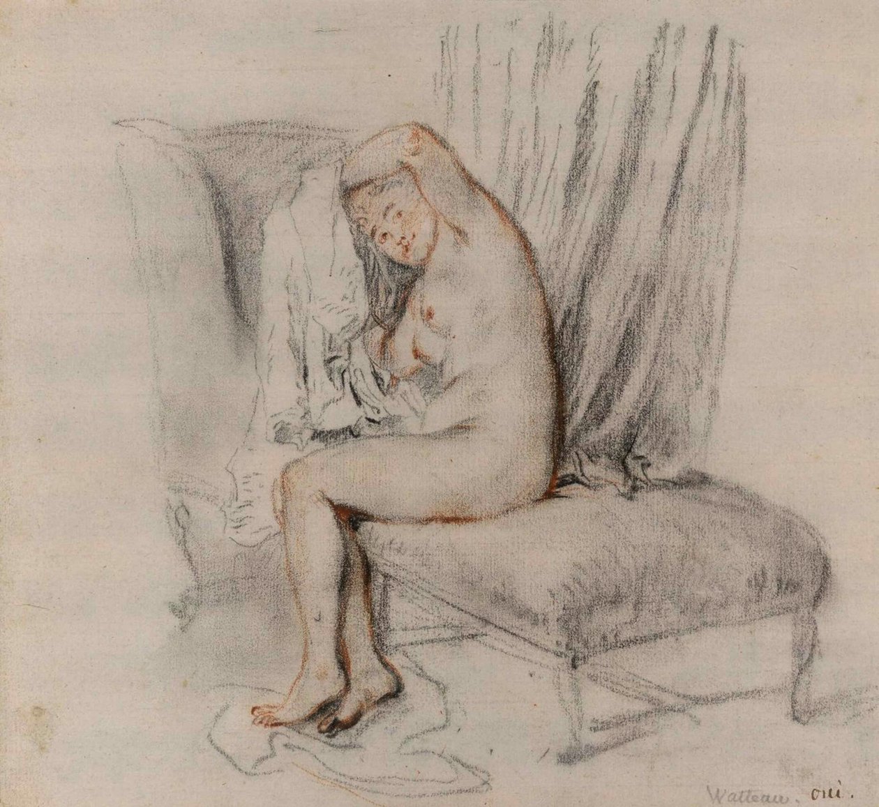 Naken kvinne fjerner kjemien, ca 1717. av Jean Antoine Watteau