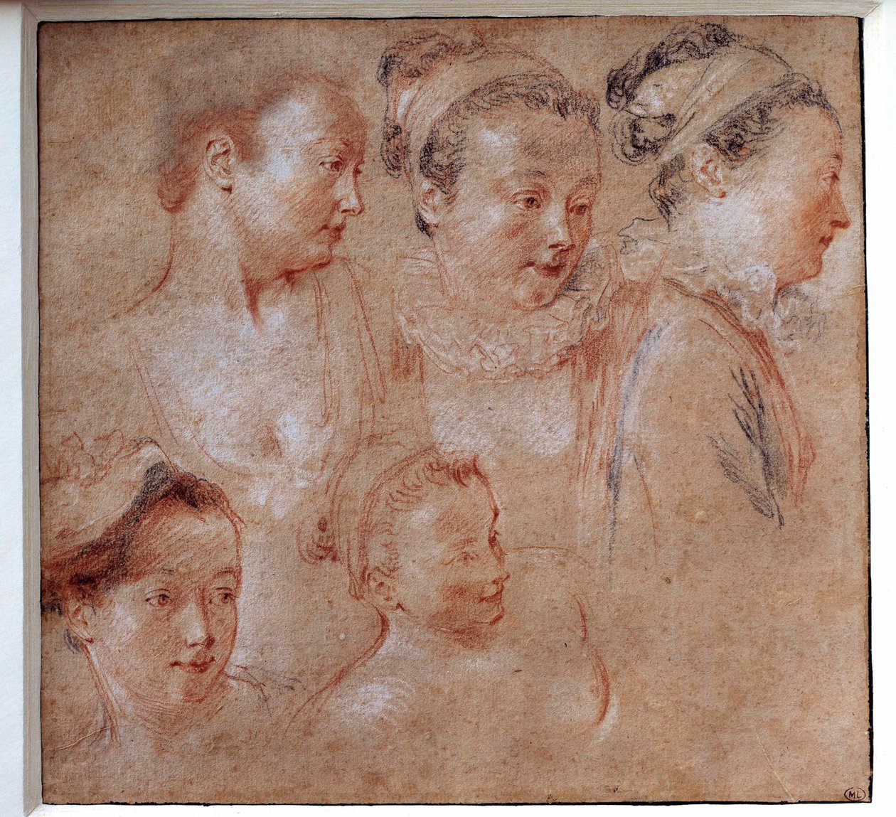 Fem frisyrer av kvinner Tegning av Jean Antoine Watteau (1684-1721) 1713 Paris, Musee du Louvre av Jean Antoine Watteau