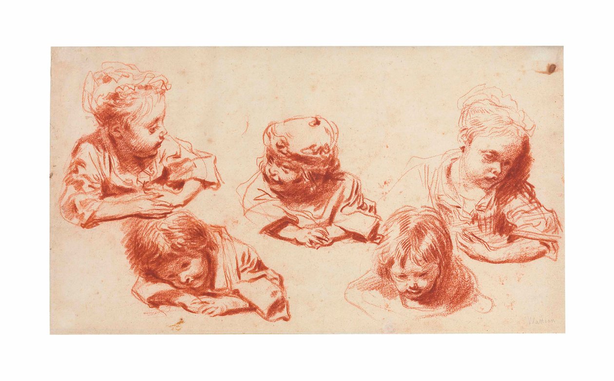 Fem studier av barn (rødt kritt på papir) av Jean Antoine Watteau