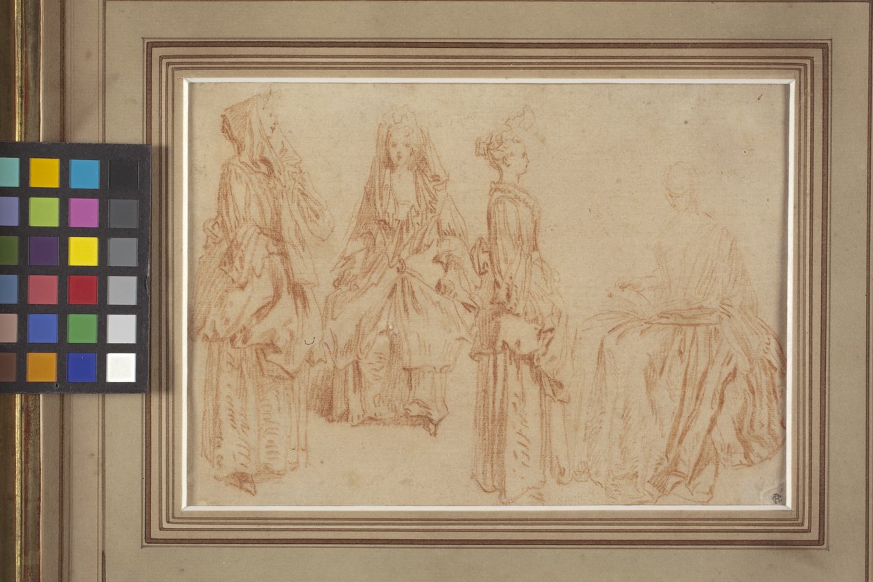 Four Ladies (rødt kritt (sanguine) på papir) av Jean Antoine Watteau
