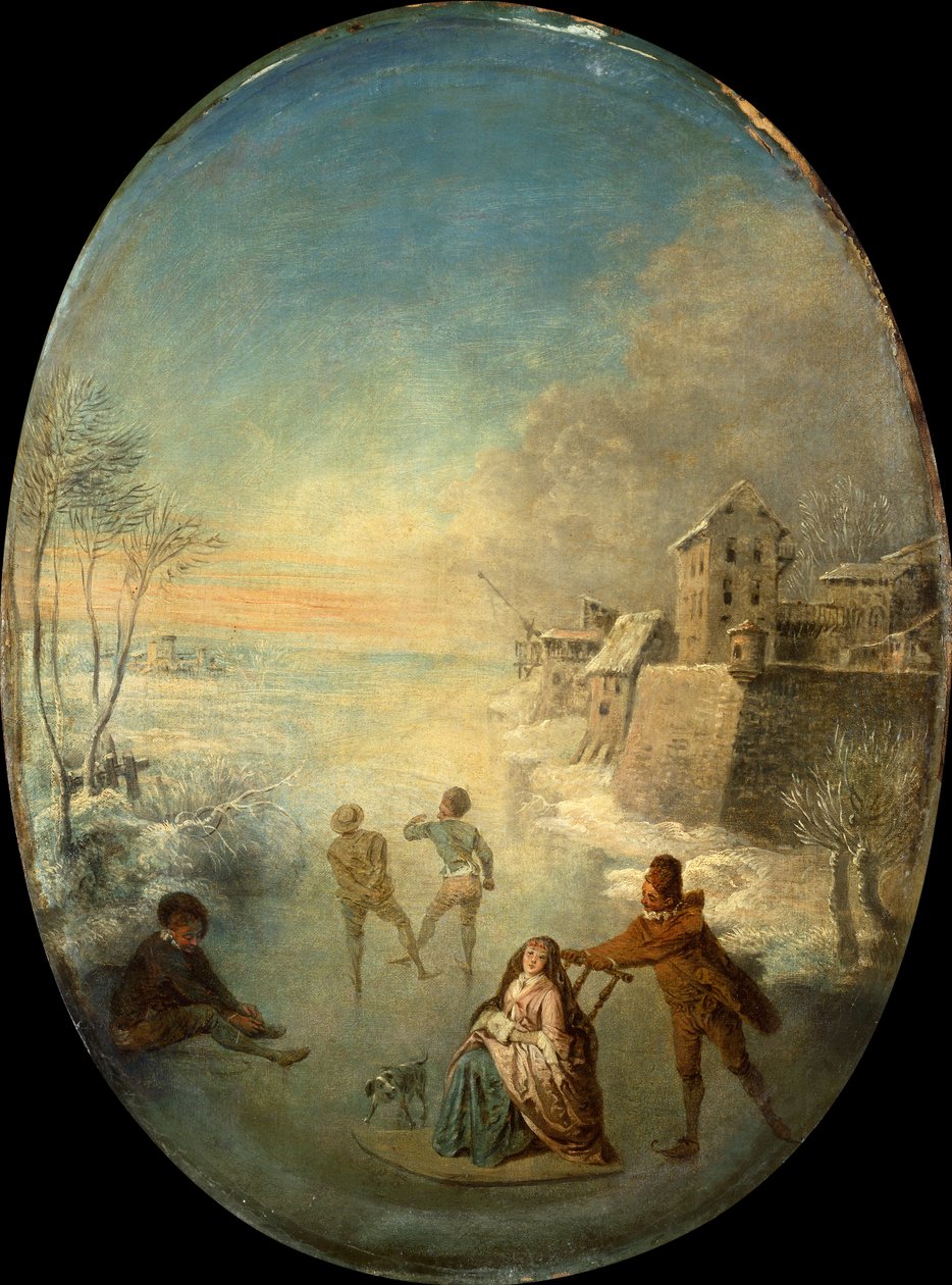 Gentlefolk on the Ice ved en bymur om vinteren (olje) av Jean Antoine Watteau