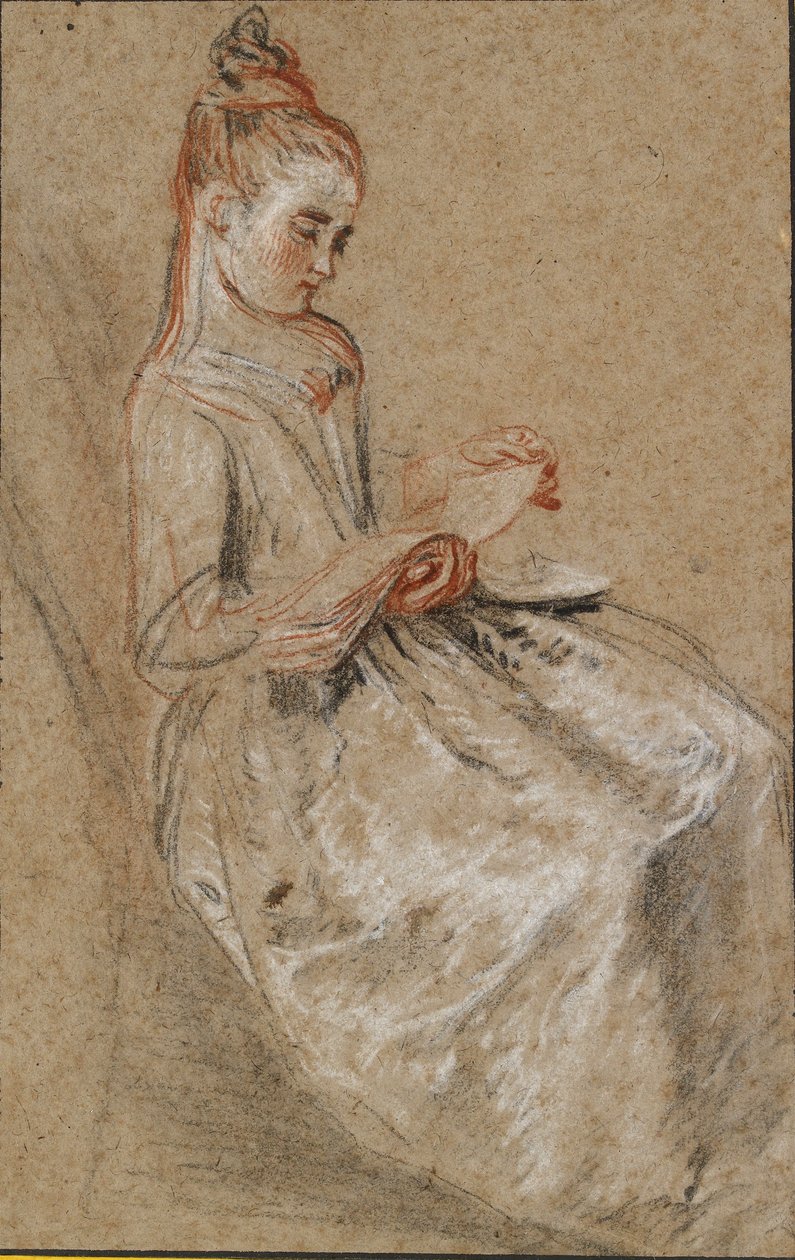 Jente sittende med en musikkbok på fanget, tidlig på 1700-tallet av Jean Antoine Watteau
